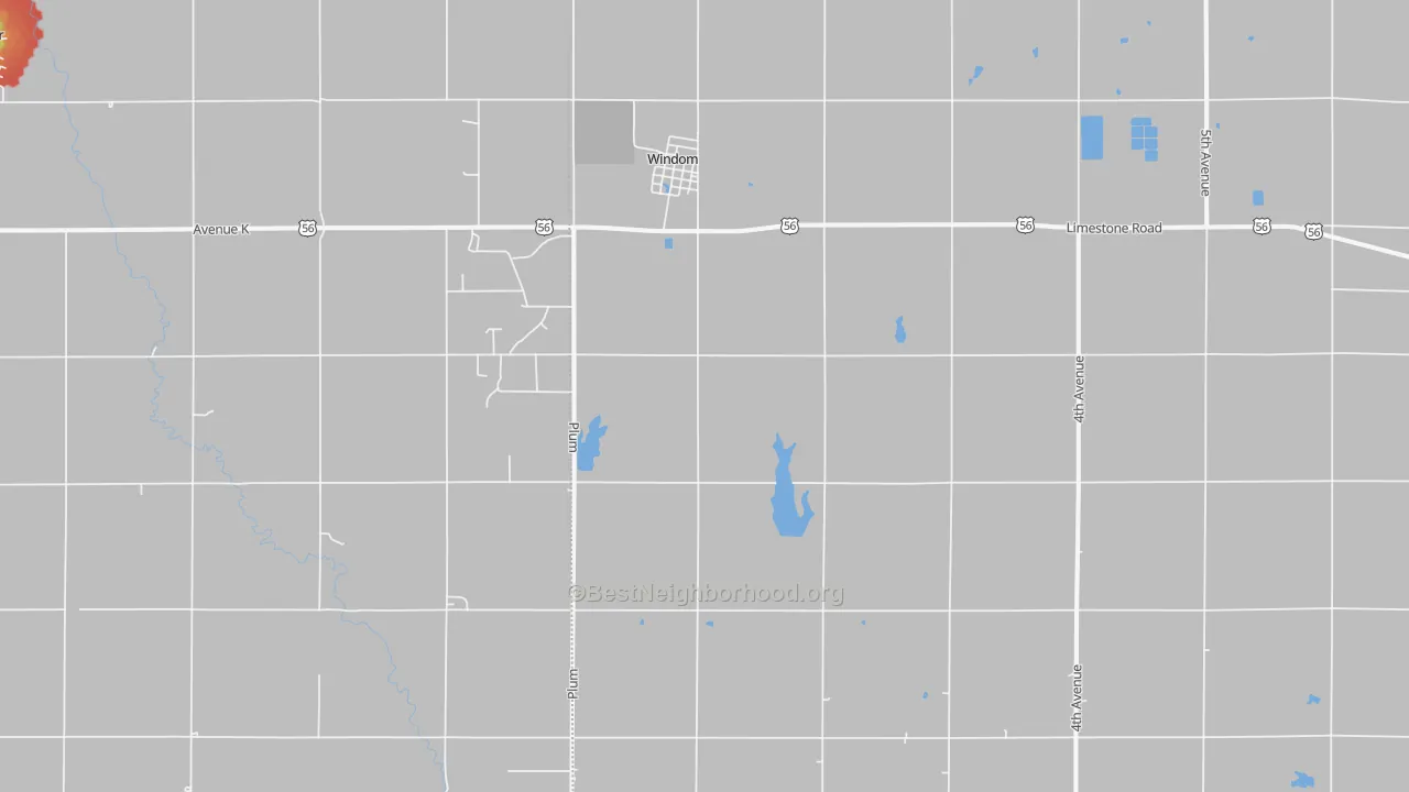 Walk Grade map of Windom, KS, walkable areas in green and car-dependent areas in red