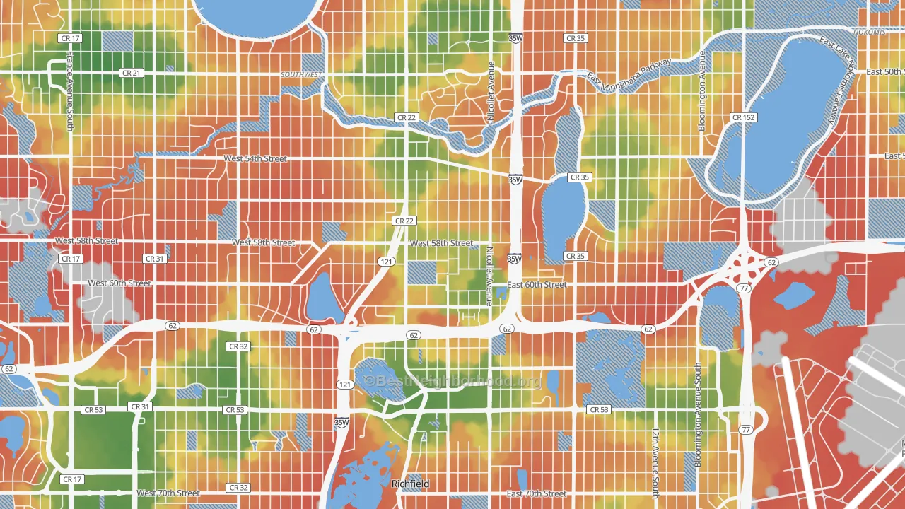 Walk Grade map of Windom, Minneapolis, MN, walkable areas in green and car-dependent areas in red