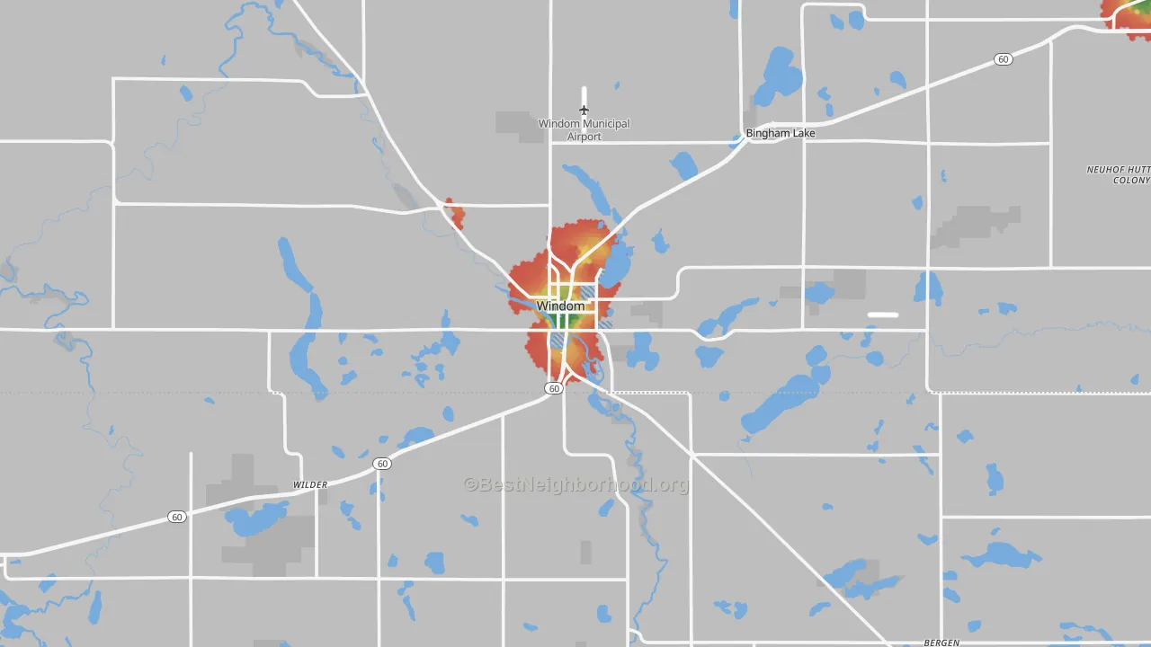 Walk Grade map of Windom, MN, walkable areas in green and car-dependent areas in red