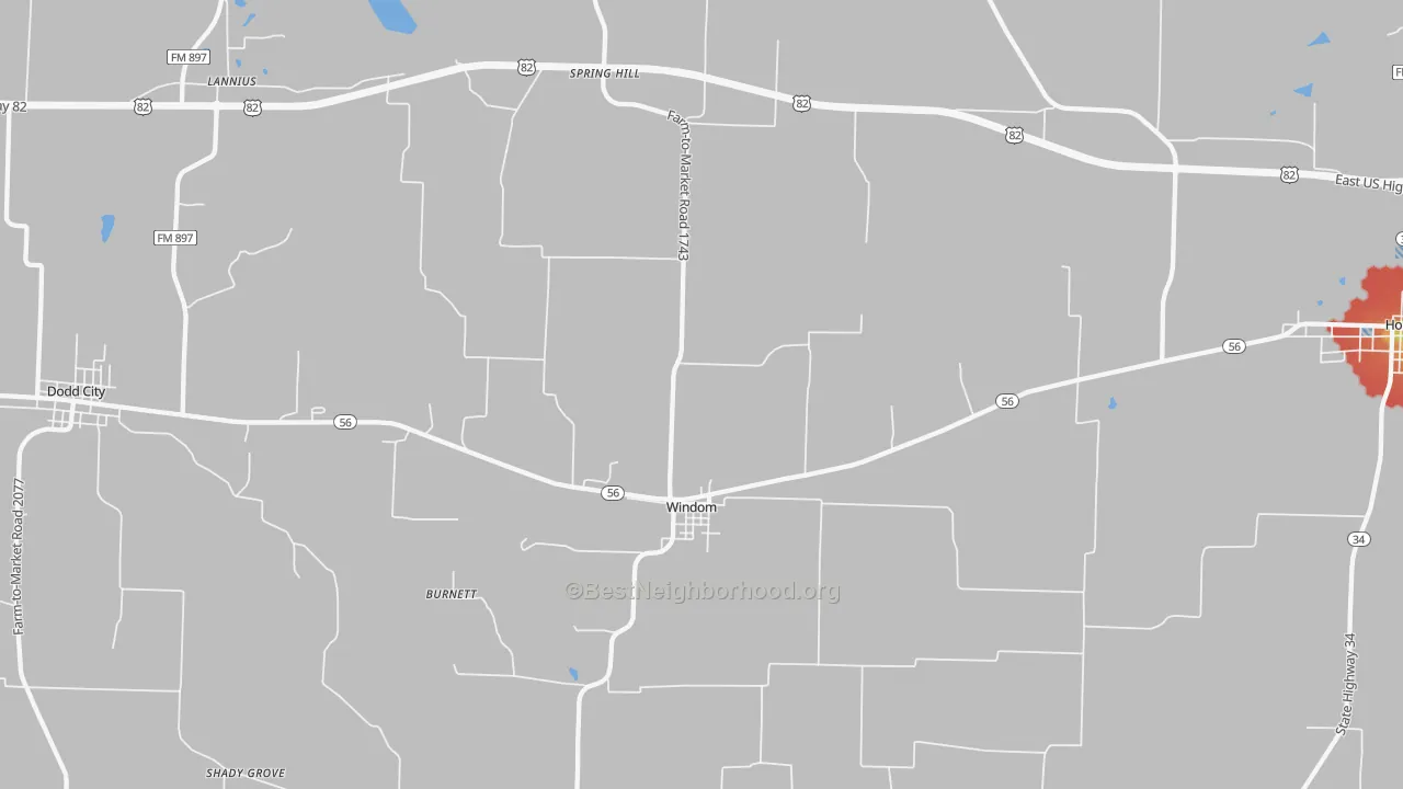 Walk Grade map of Windom, TX, walkable areas in green and car-dependent areas in red