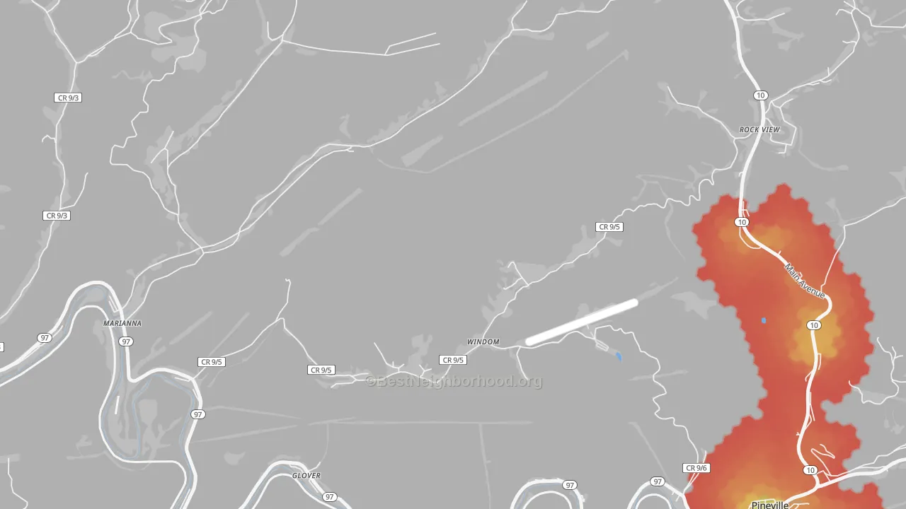 Walk Grade map of Windom, WV, walkable areas in green and car-dependent areas in red
