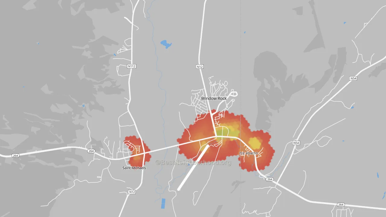Walk Grade map of Window Rock, AZ, walkable areas in green and car-dependent areas in red