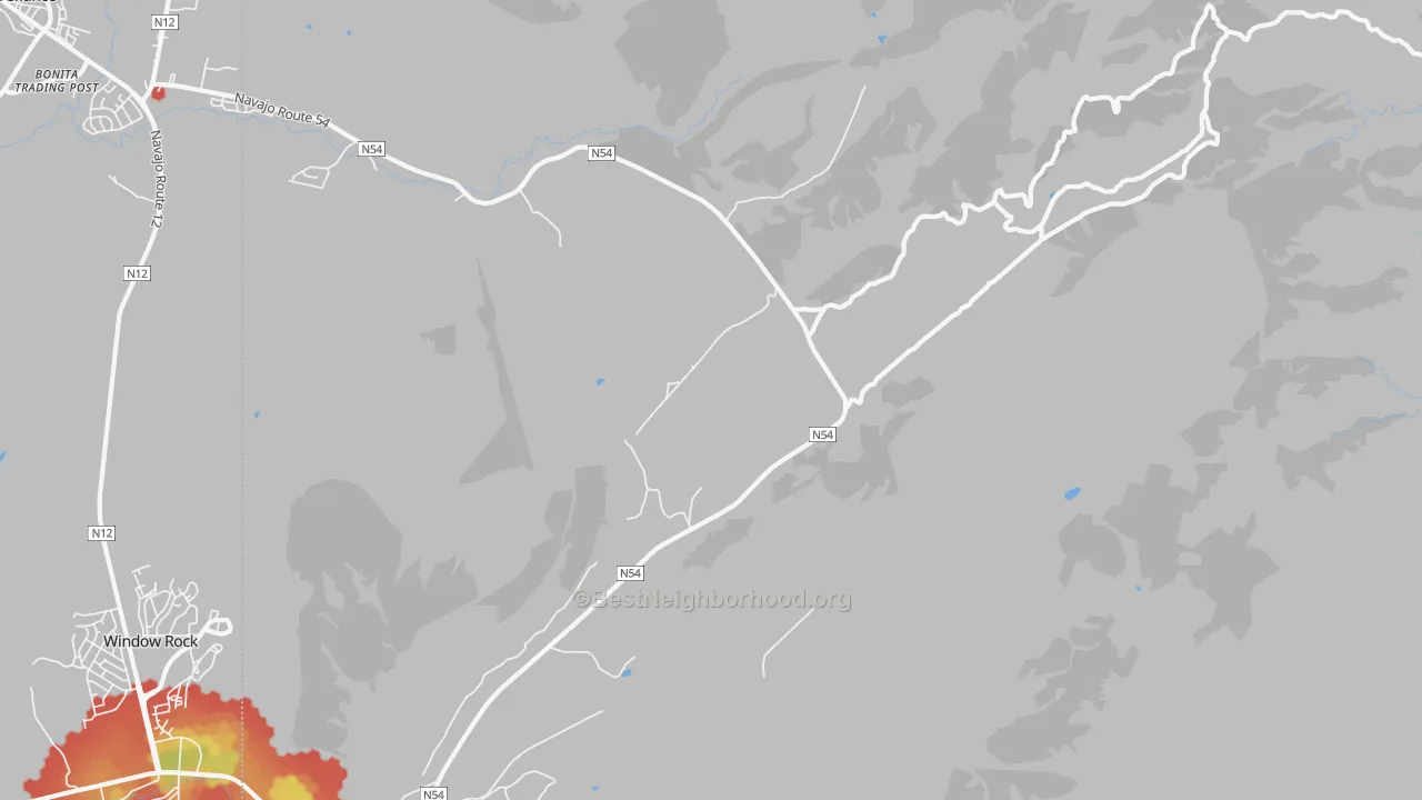 Walk Grade map of Window Rock, NM, walkable areas in green and car-dependent areas in red