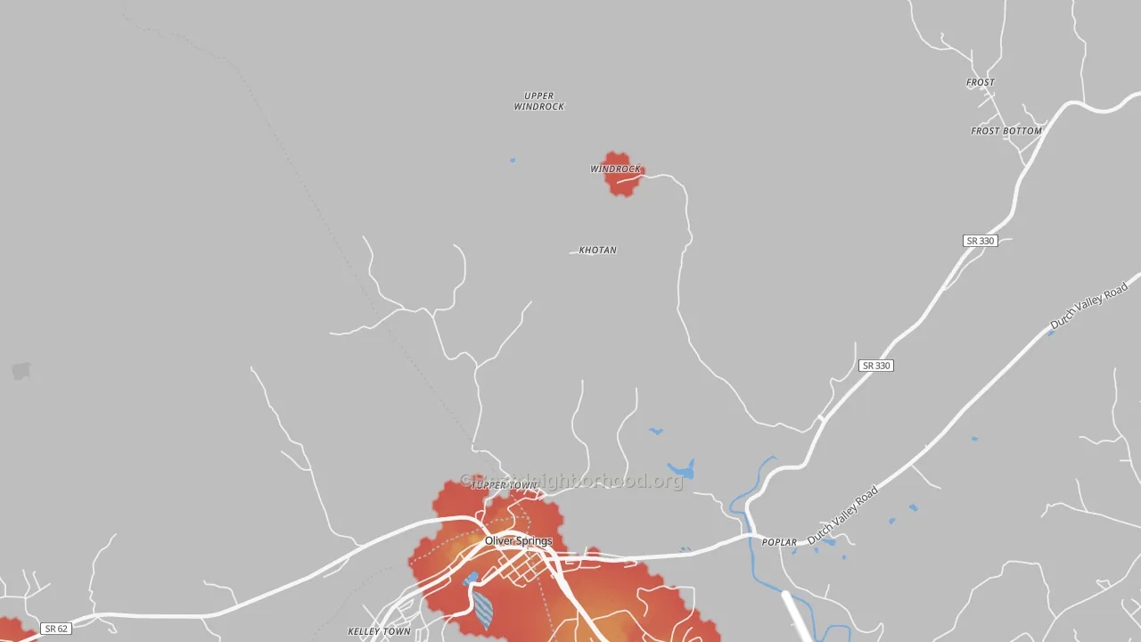 Walk Grade map of Windrock, TN, walkable areas in green and car-dependent areas in red