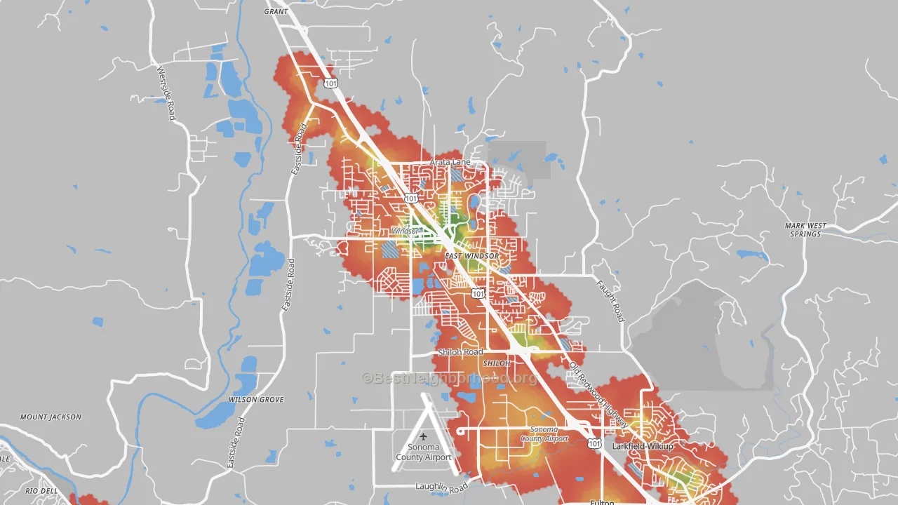 Walk Grade map of Windsor, CA, walkable areas in green and car-dependent areas in red
