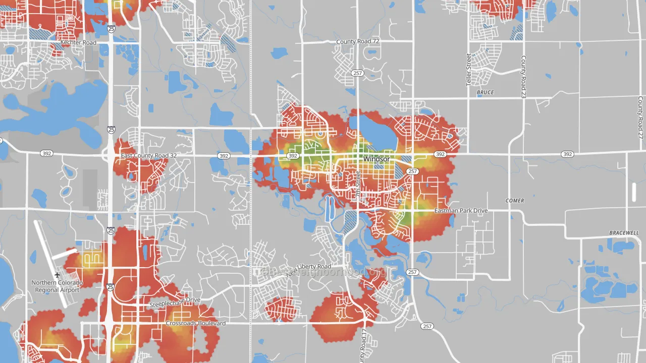 Walk Grade map of Windsor, CO, walkable areas in green and car-dependent areas in red