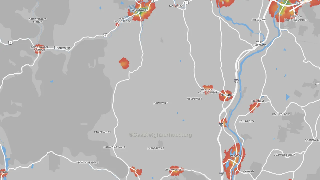 Walk Grade map of Windsor County, VT, walkable areas in green and car-dependent areas in red