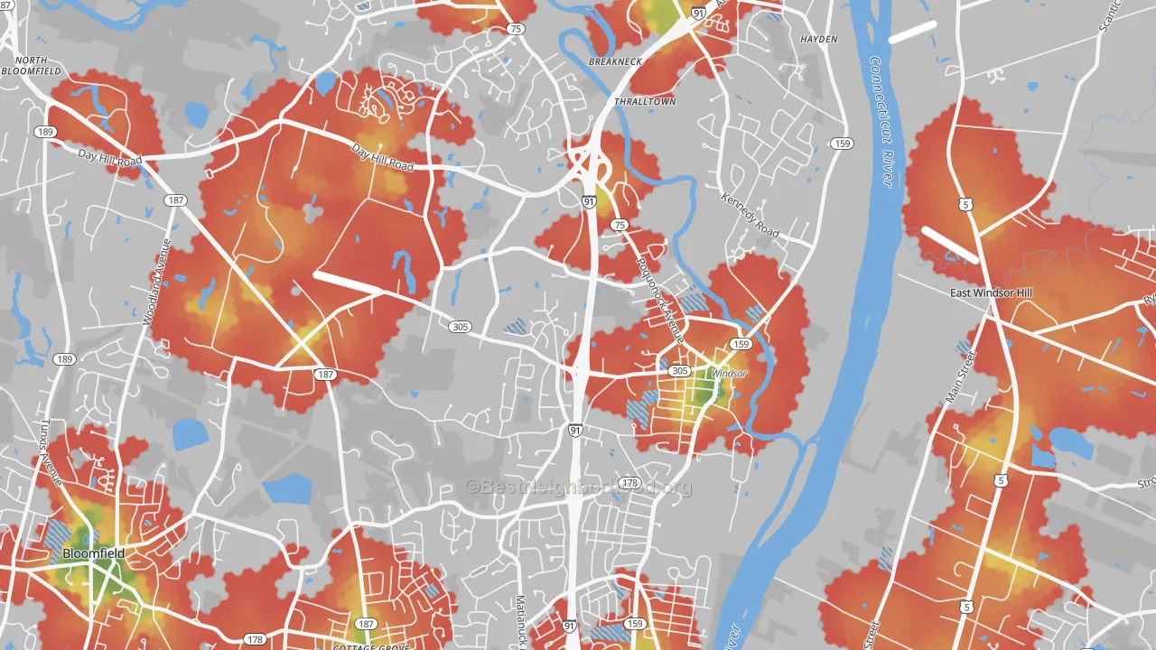 Walk Grade map of Windsor, CT, walkable areas in green and car-dependent areas in red