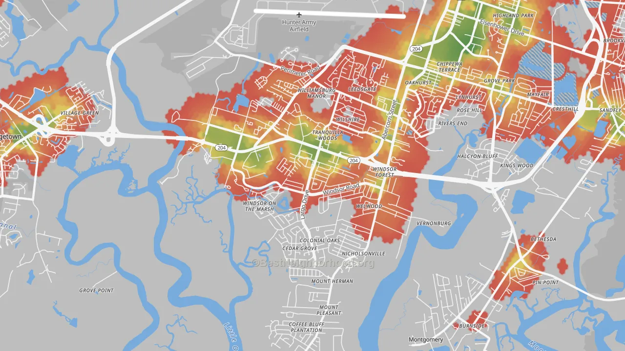 Walk Grade map of Windsor Forest, Savannah, GA, walkable areas in green and car-dependent areas in red