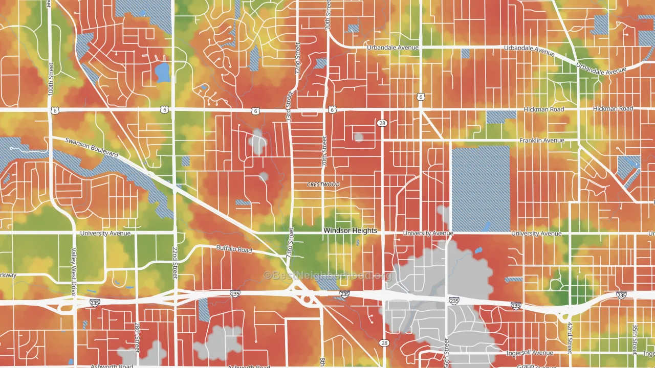 Walk Grade map of Windsor Heights, IA, walkable areas in green and car-dependent areas in red