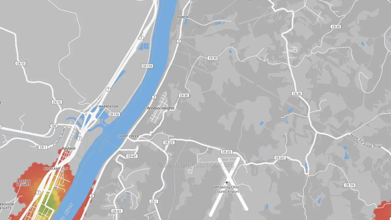 Walk Grade map of Windsor Heights, WV, walkable areas in green and car-dependent areas in red