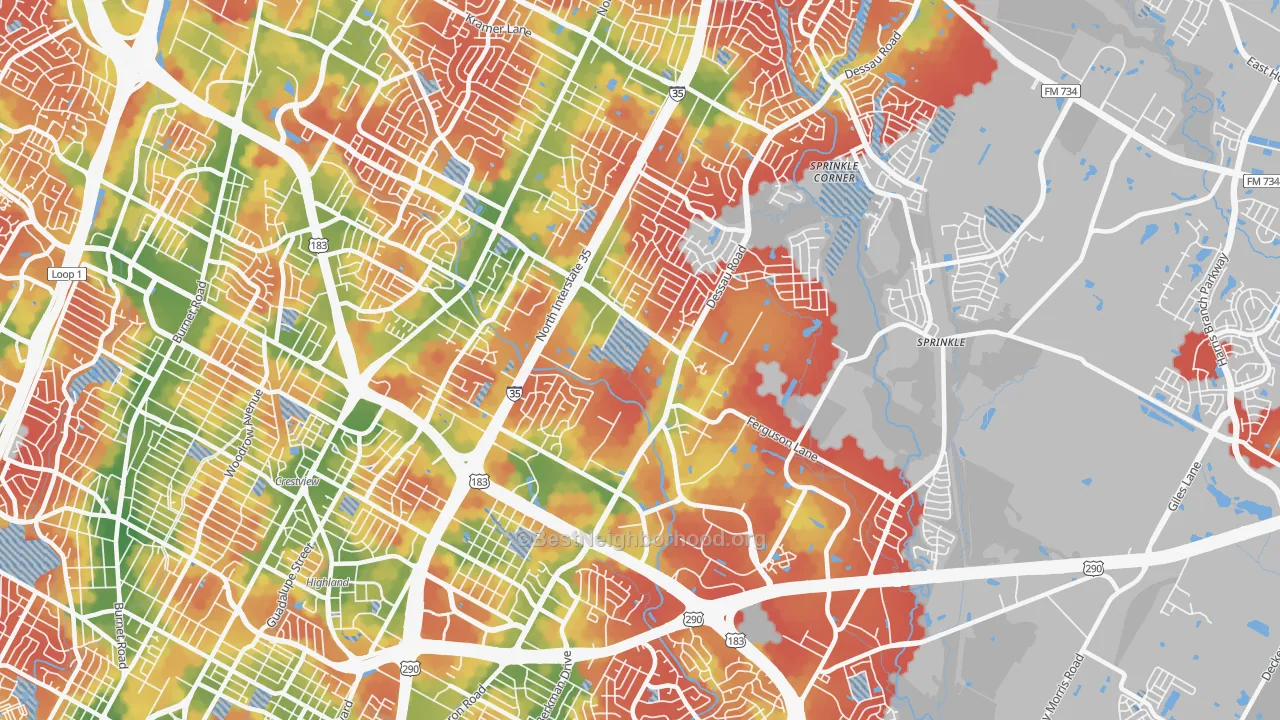 Walk Grade map of Windsor Hills, Austin, TX, walkable areas in green and car-dependent areas in red