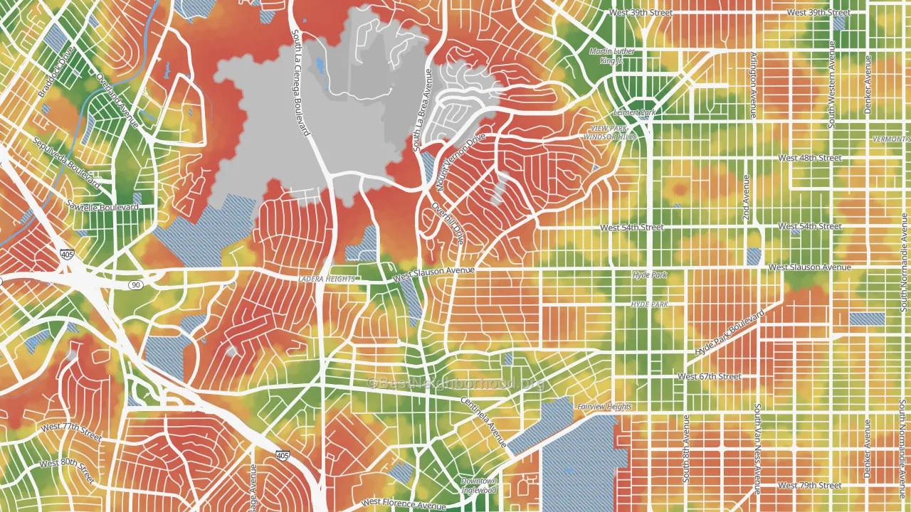 Walk Grade map of Windsor Hills, View Park-Windsor Hills, CA, walkable areas in green and car-dependent areas in red