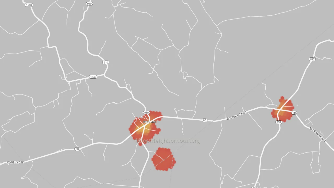 Walk Grade map of Windsor, KY, walkable areas in green and car-dependent areas in red