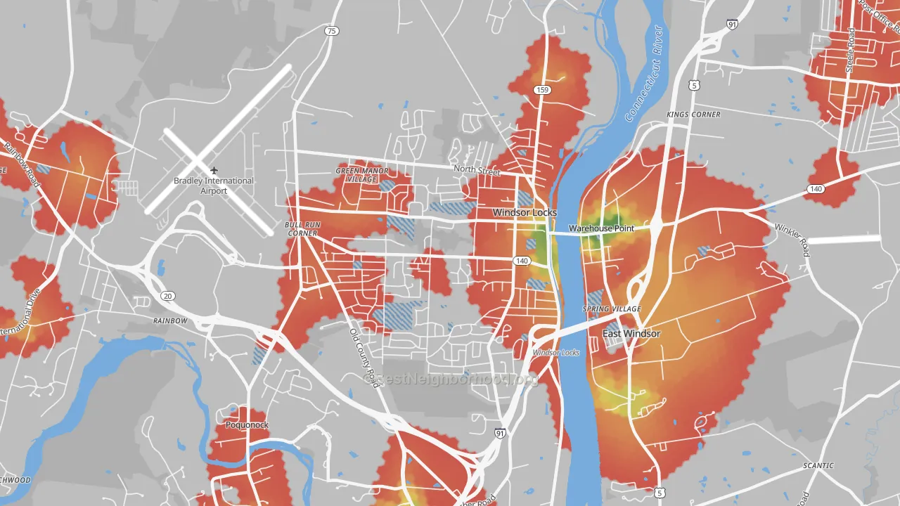 Walk Grade map of Windsor Locks, CT, walkable areas in green and car-dependent areas in red