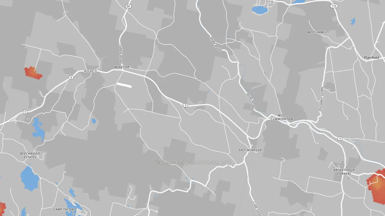 Walk Grade map of Windsor, MA, walkable areas in green and car-dependent areas in red