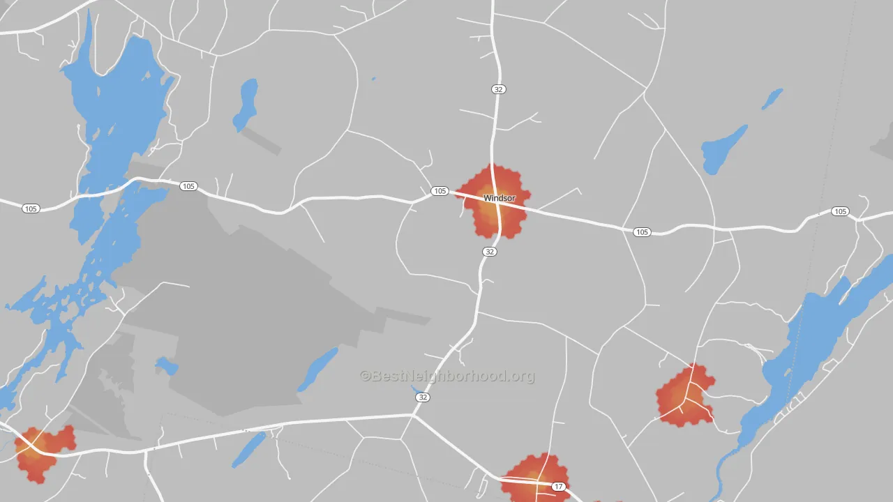Walk Grade map of Windsor, ME, walkable areas in green and car-dependent areas in red