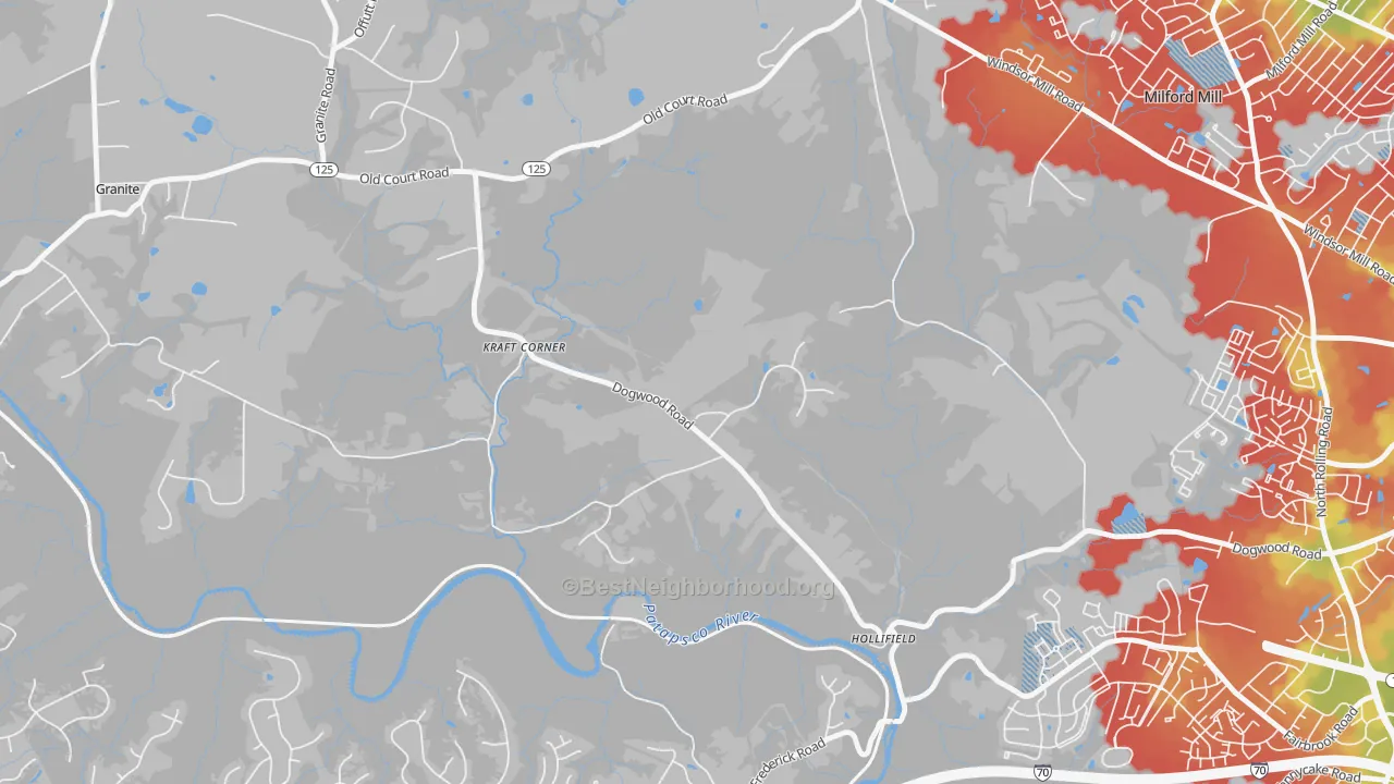 Walk Grade map of Windsor Mill, MD, walkable areas in green and car-dependent areas in red