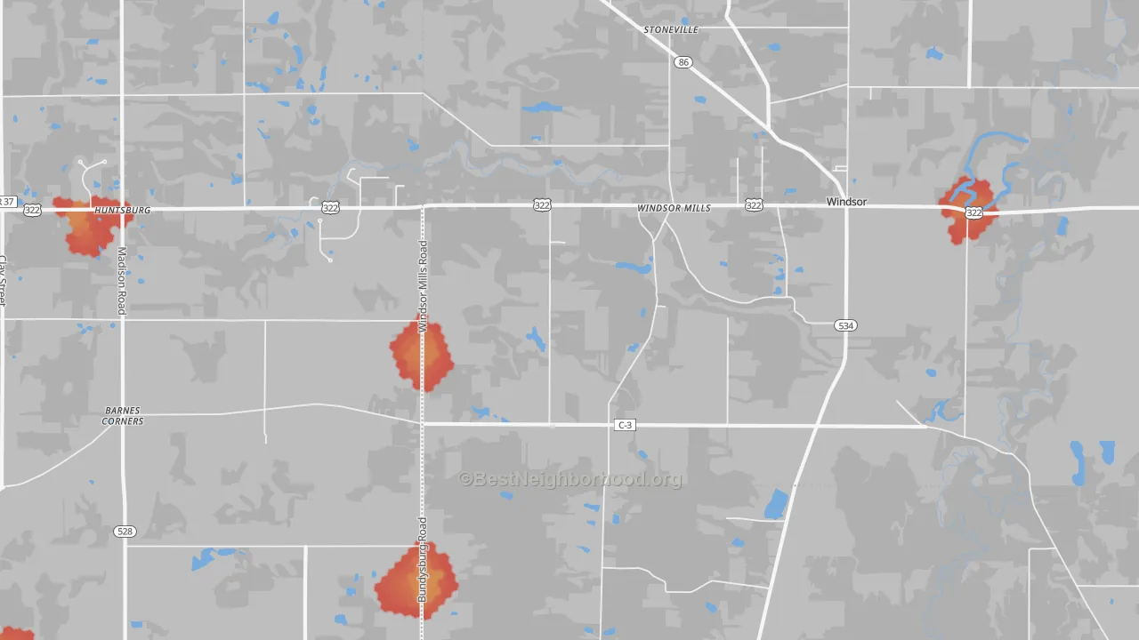 Walk Grade map of Windsor Mills, OH, walkable areas in green and car-dependent areas in red