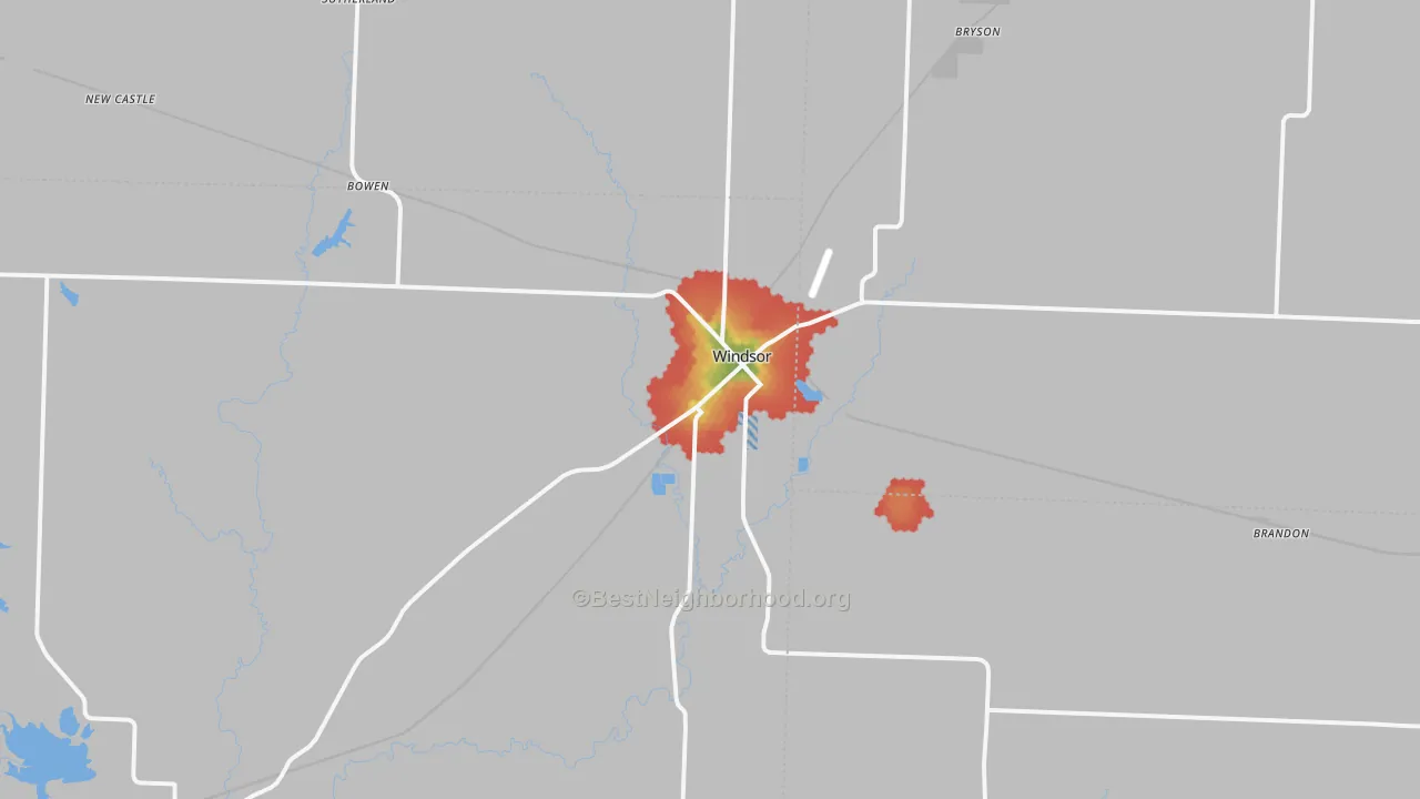 Walk Grade map of Windsor, MO, walkable areas in green and car-dependent areas in red