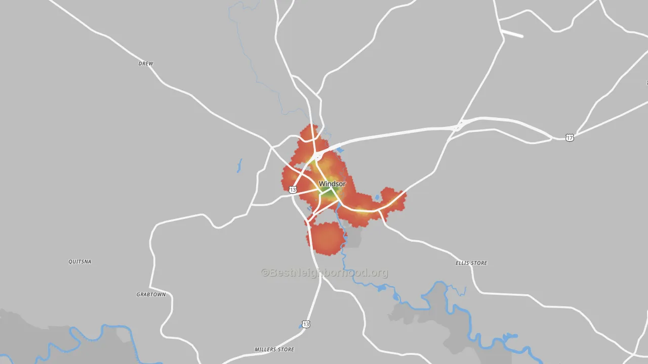 Walk Grade map of Windsor, NC, walkable areas in green and car-dependent areas in red