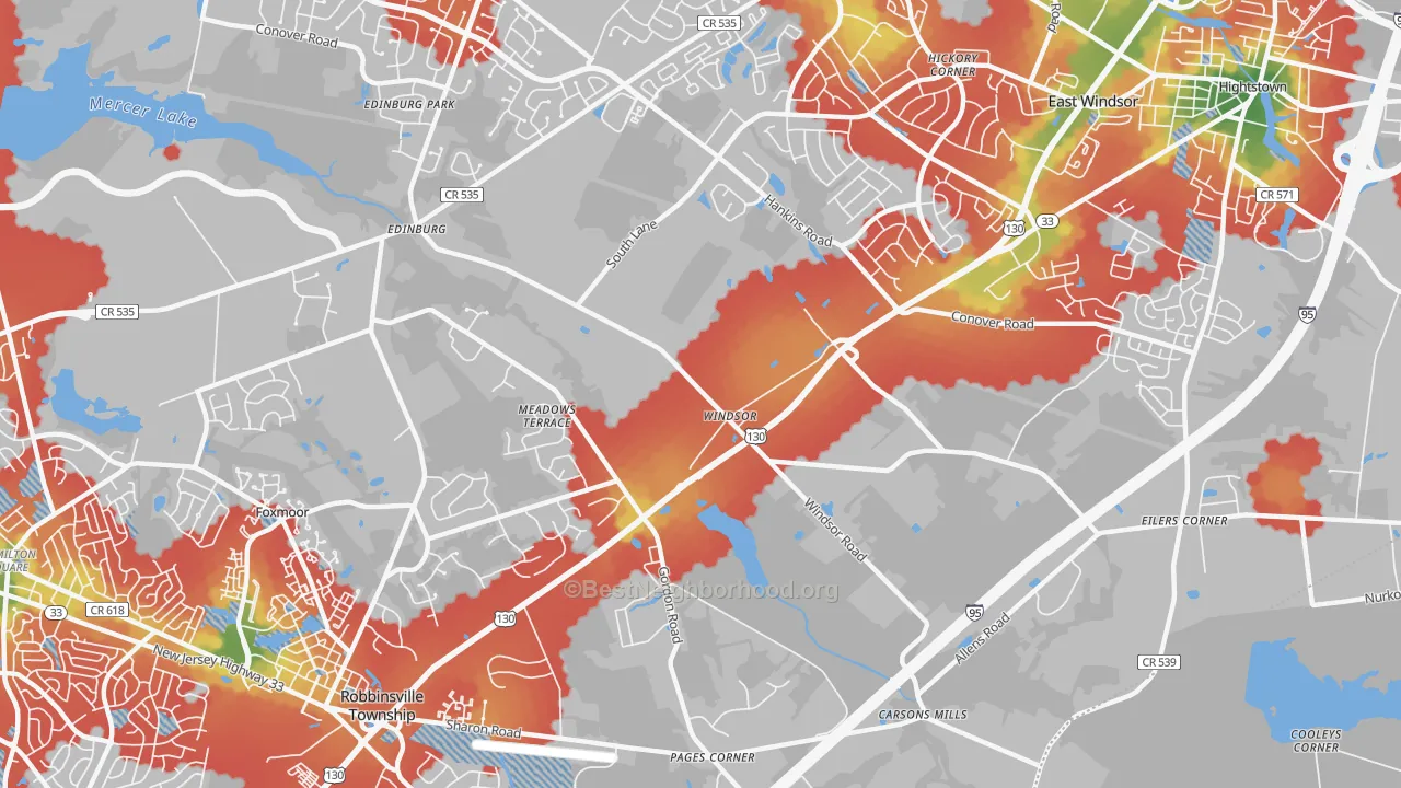 Walk Grade map of Windsor, NJ, walkable areas in green and car-dependent areas in red