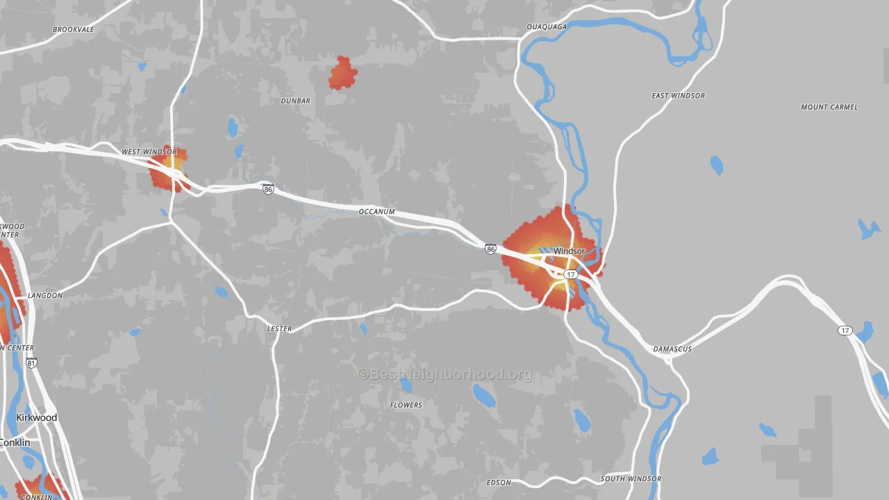 Walk Grade map of Windsor, NY, walkable areas in green and car-dependent areas in red