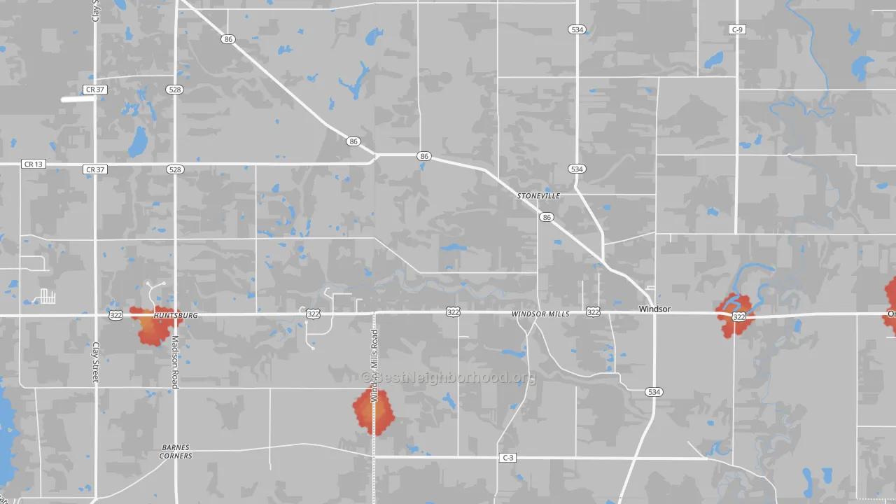 Walk Grade map of Windsor, OH, walkable areas in green and car-dependent areas in red