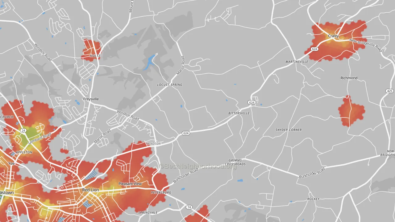 Walk Grade map of Windsor, PA, walkable areas in green and car-dependent areas in red
