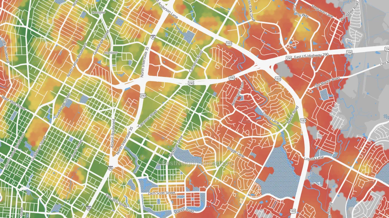 Walk Grade map of Windsor Park, Austin, TX, walkable areas in green and car-dependent areas in red