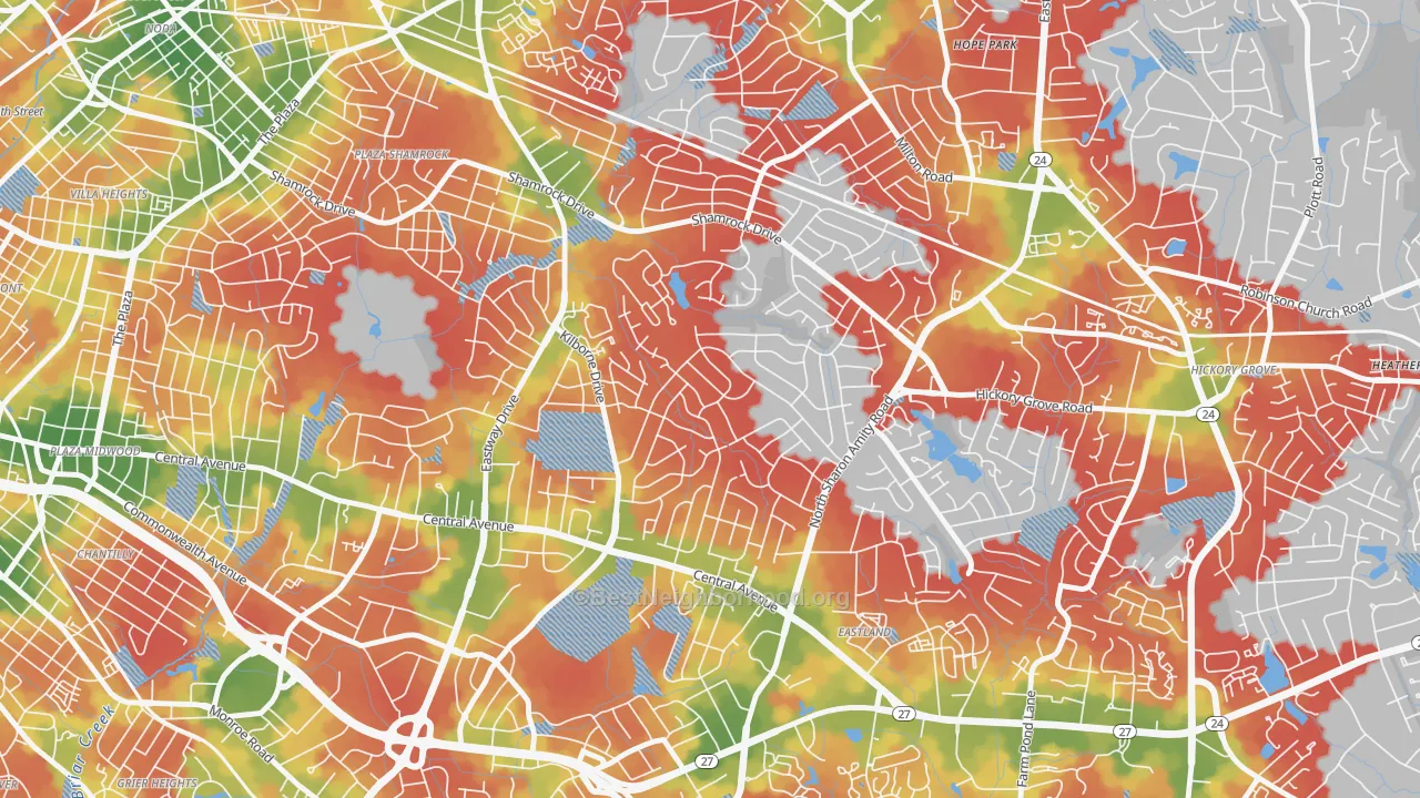 Walk Grade map of Windsor Park, Charlotte, NC, walkable areas in green and car-dependent areas in red
