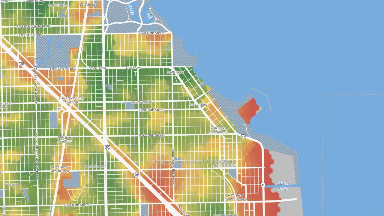 Walk Grade map of Windsor Park, Chicago, IL, walkable areas in green and car-dependent areas in red