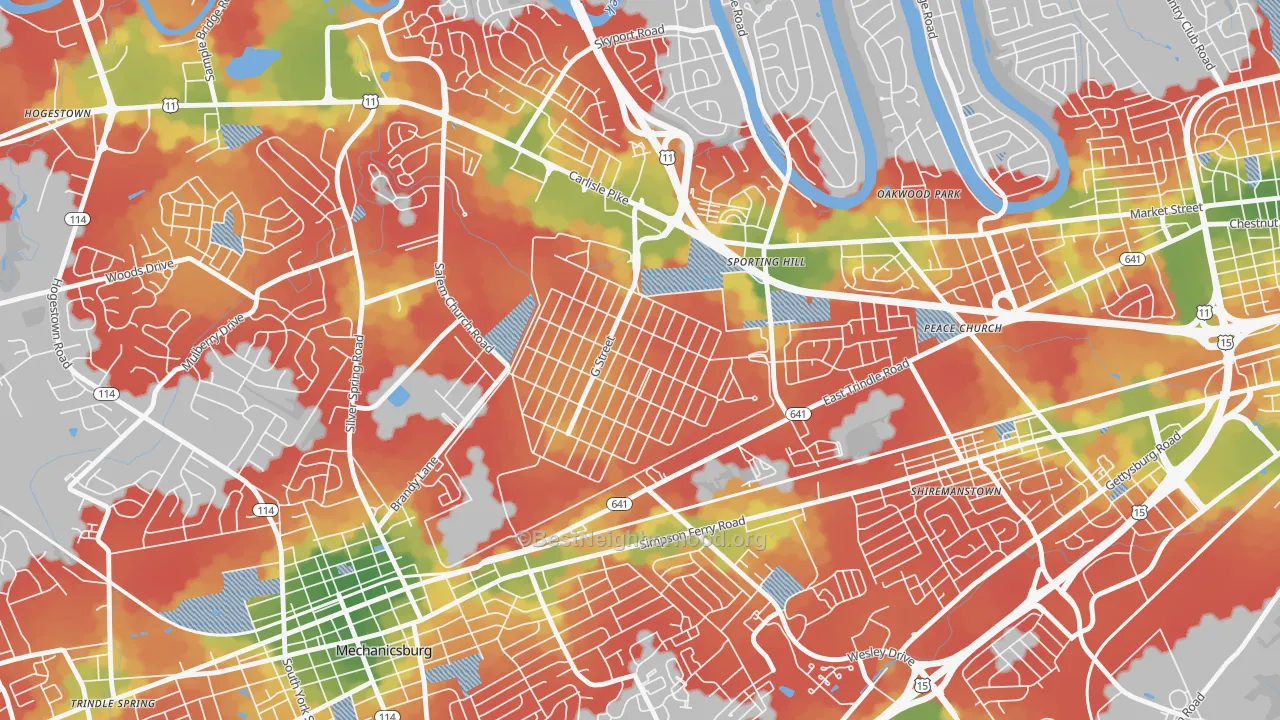 Walk Grade map of Windsor Park, PA, walkable areas in green and car-dependent areas in red