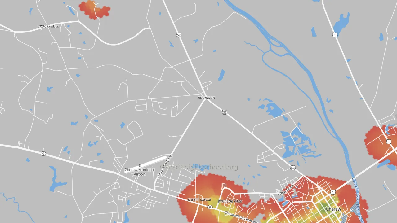 Walk Grade map of Windsor Park, SC, walkable areas in green and car-dependent areas in red