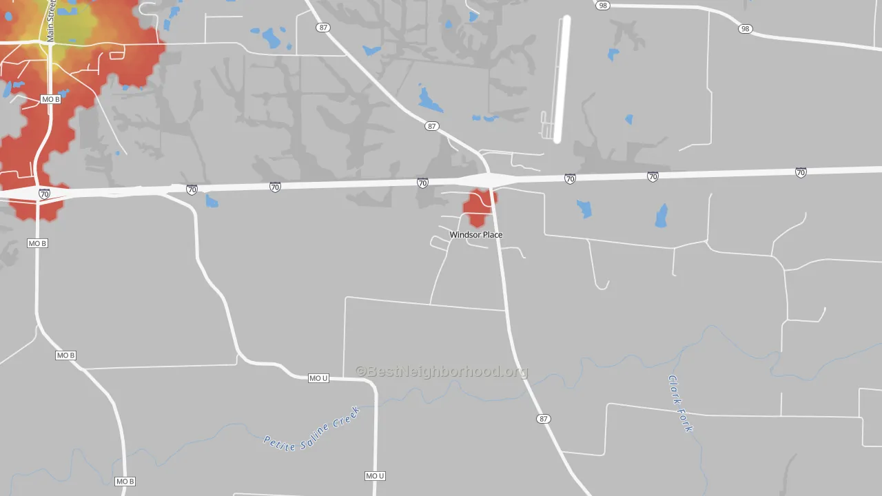 Walk Grade map of Windsor Place, MO, walkable areas in green and car-dependent areas in red