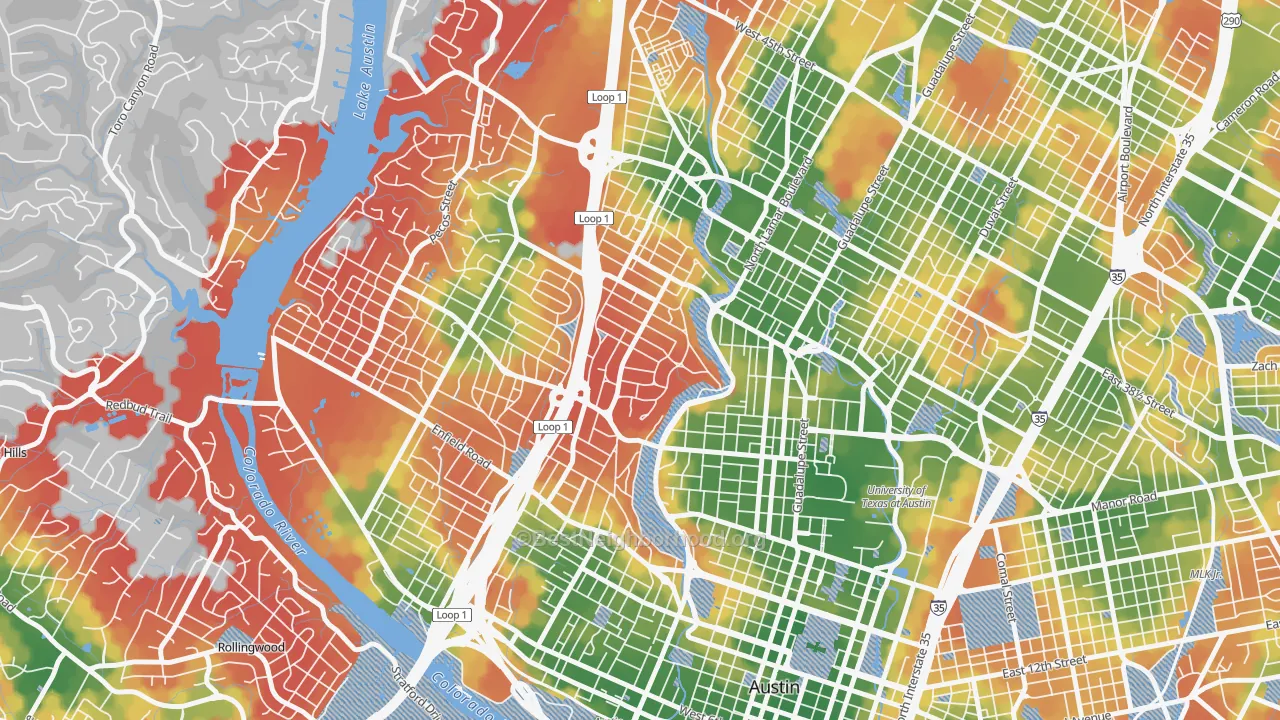Walk Grade map of Windsor Road, Austin, TX, walkable areas in green and car-dependent areas in red