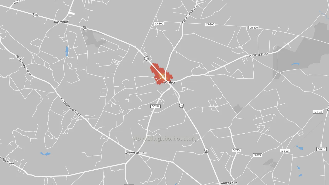 Walk Grade map of Windsor, SC, walkable areas in green and car-dependent areas in red