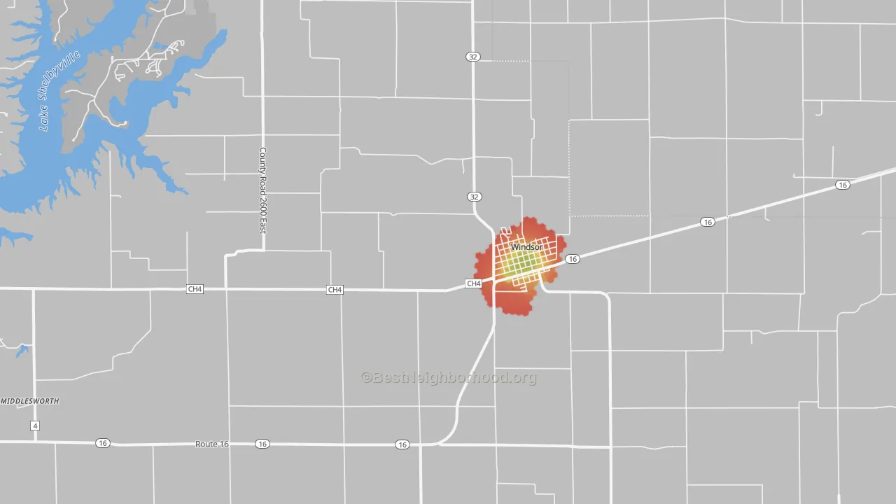 Walk Grade map of Windsor Shelby County, IL, walkable areas in green and car-dependent areas in red