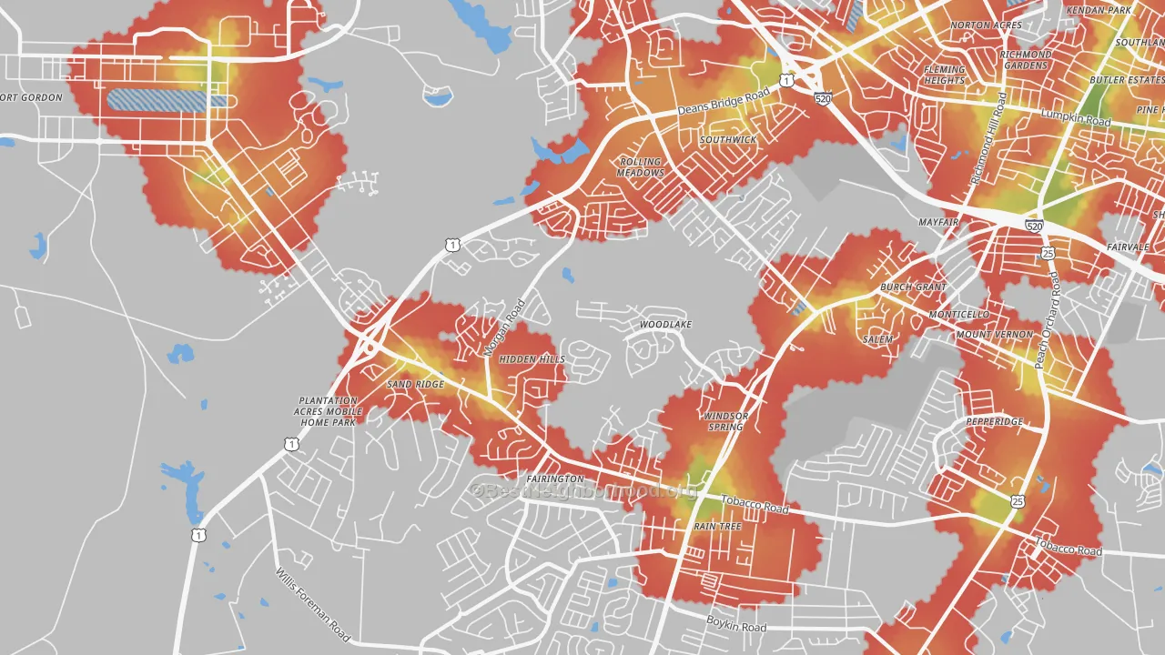 Walk Grade map of Windsor Spring, Hephzibah, GA, walkable areas in green and car-dependent areas in red