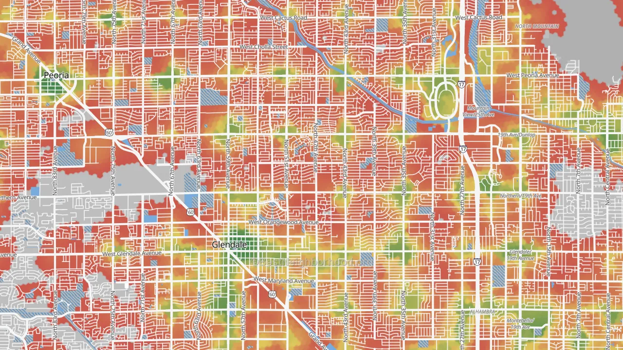 Walk Grade map of Windsor Square, Glendale, AZ, walkable areas in green and car-dependent areas in red