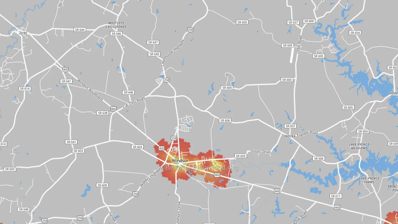 Walk Grade map of Windsor, VA, walkable areas in green and car-dependent areas in red