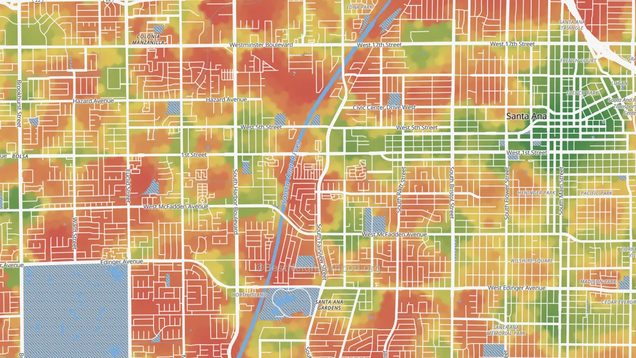 Walk Grade map of Windsor Village North, Santa Ana, CA, walkable areas in green and car-dependent areas in red