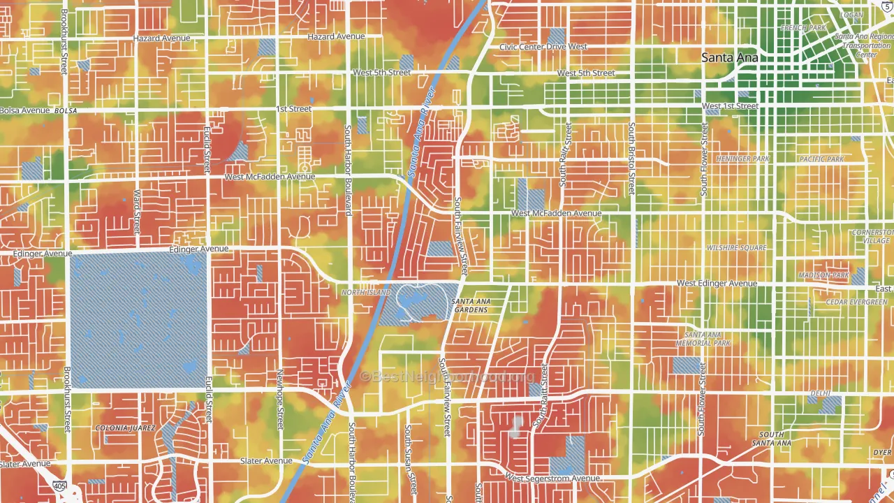Walk Grade map of Windsor Village, Santa Ana, CA, walkable areas in green and car-dependent areas in red