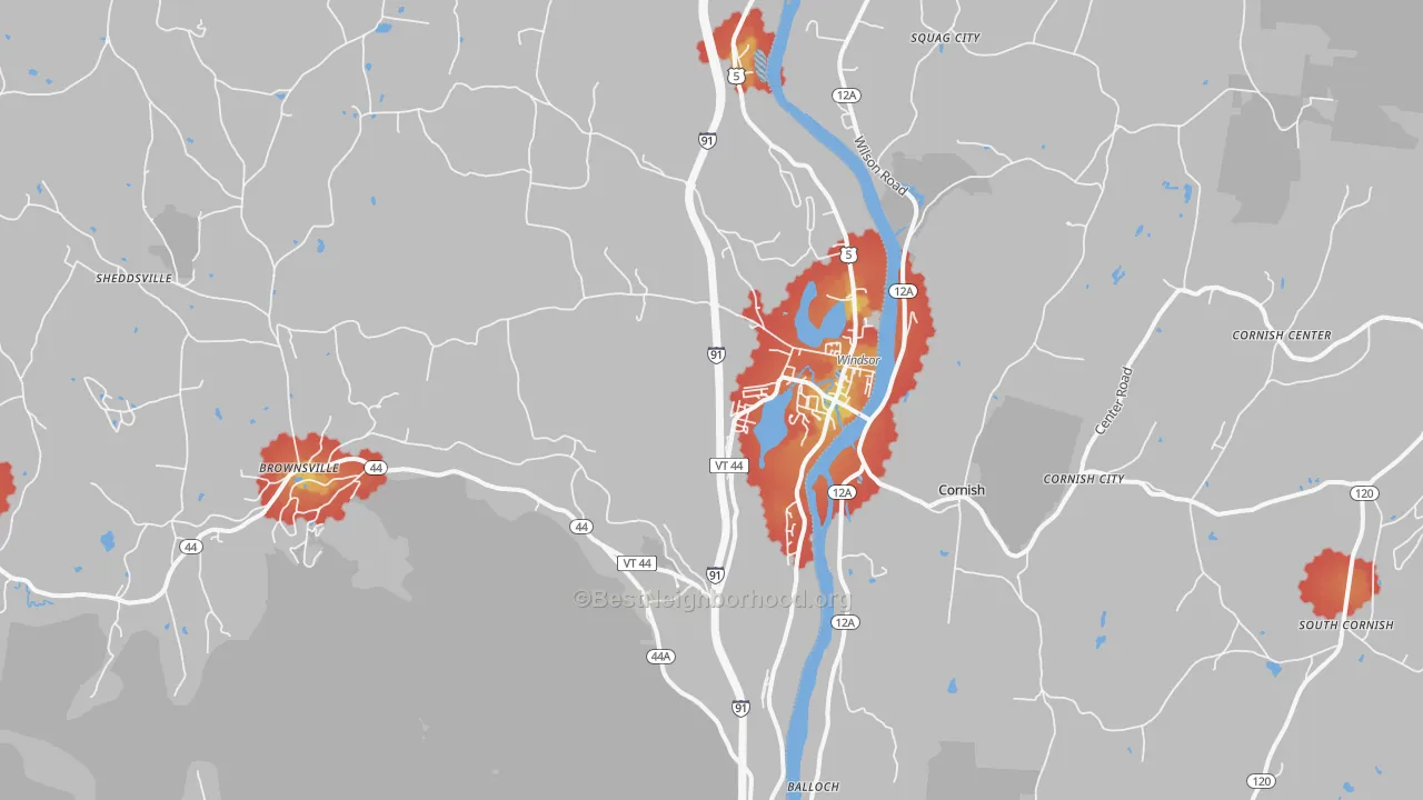 Walk Grade map of Windsor, VT, walkable areas in green and car-dependent areas in red