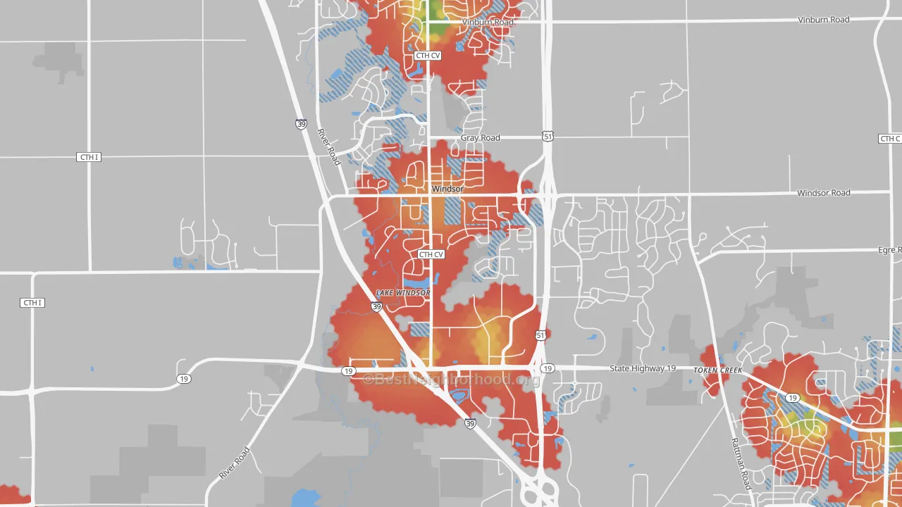 Walk Grade map of Windsor, WI, walkable areas in green and car-dependent areas in red