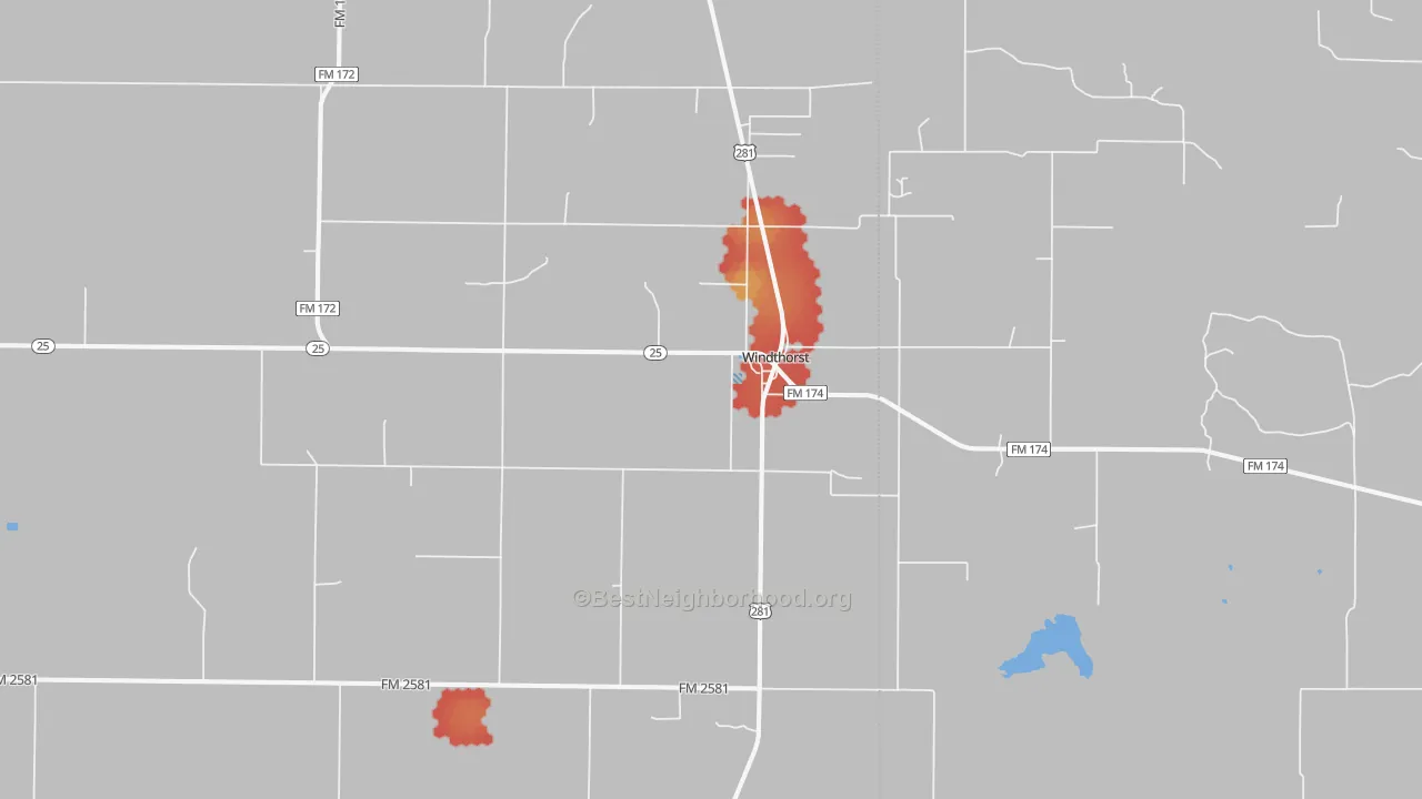 Walk Grade map of Windthorst, TX, walkable areas in green and car-dependent areas in red