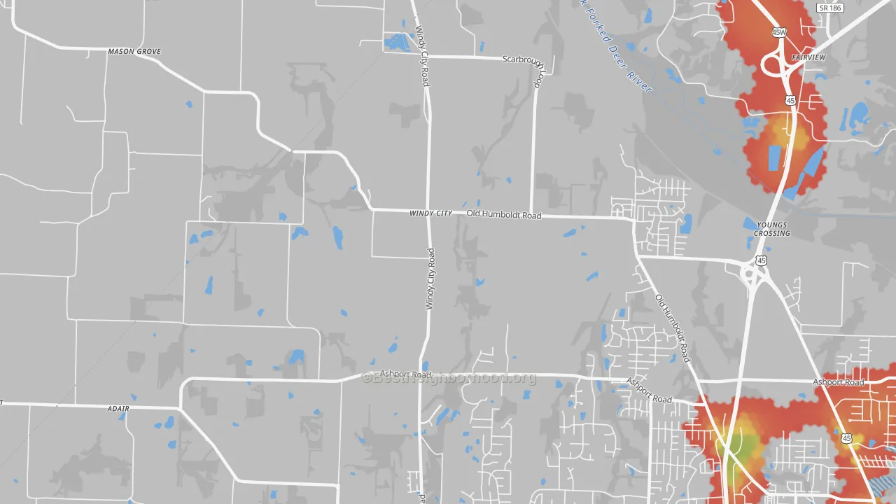 Walk Grade map of Windy City, TN, walkable areas in green and car-dependent areas in red