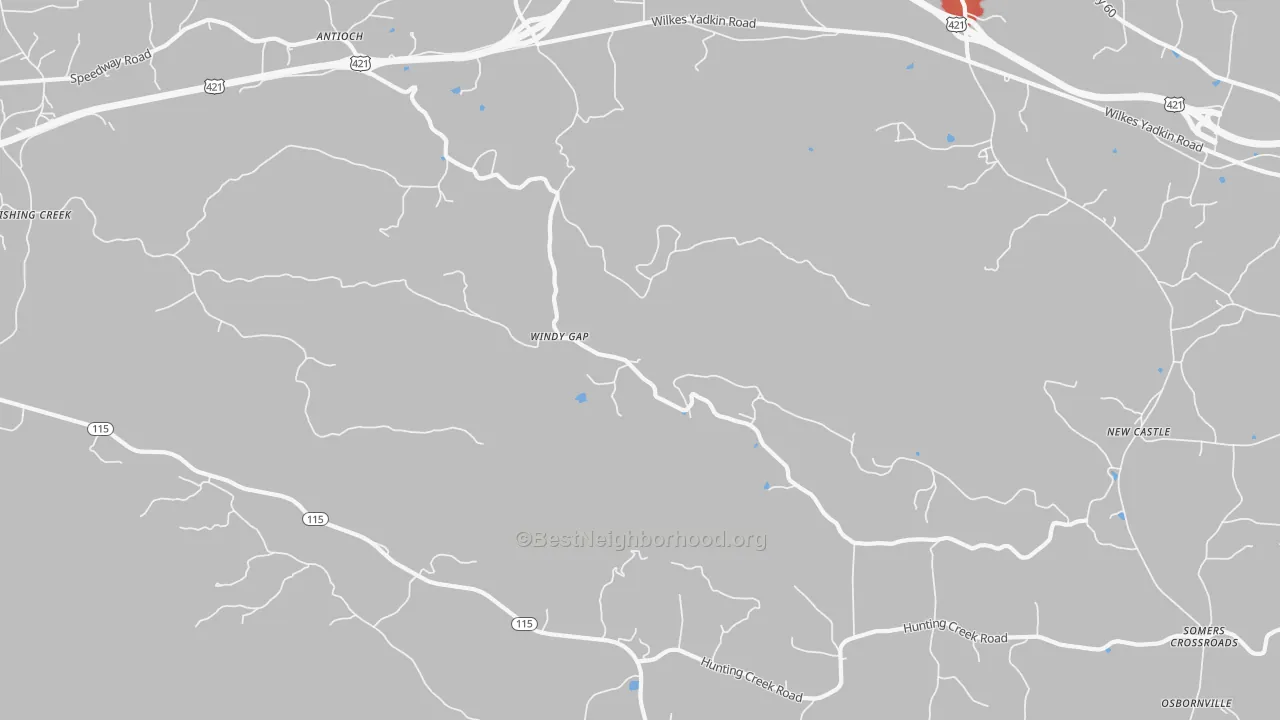 Walk Grade map of Windy Gap, NC, walkable areas in green and car-dependent areas in red