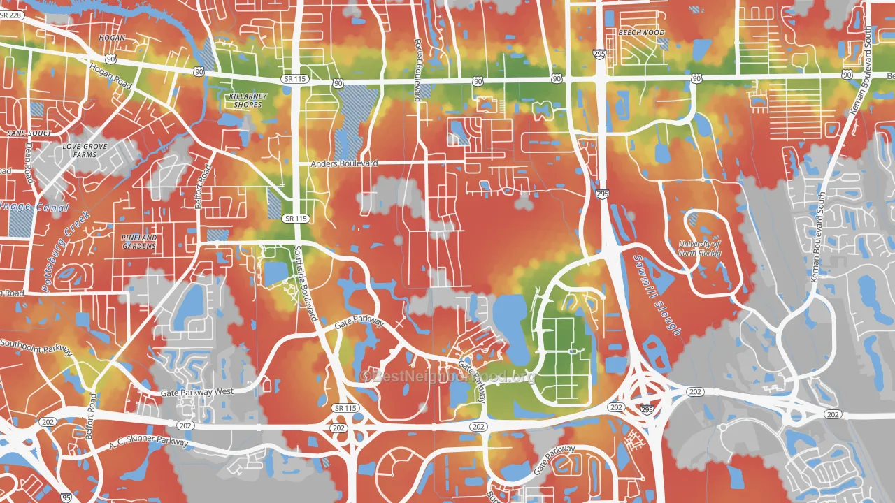 Walk Grade map of Windy Hill, Jacksonville, FL, walkable areas in green and car-dependent areas in red