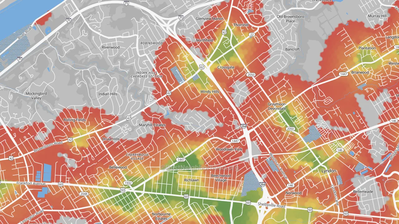 Walk Grade map of Windy Hills, KY, walkable areas in green and car-dependent areas in red